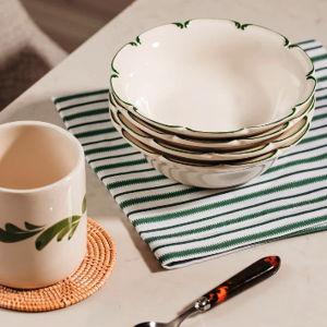 Olivia Scalloped Crockery, Green Filet | Set of 4 Cereal Bowls