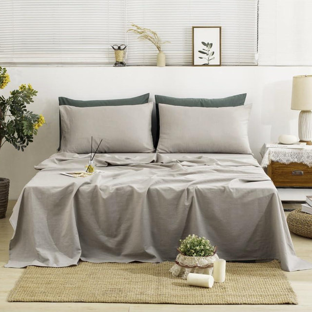 TUMEI 100% Linen Sheets Set King Size - 4Pcs Bedding King Linen Sheets Soft Breathable and Durable Deep Pocket Fitted Sheet & Flat Sheet & 2 Pillowcases,Morandi Grey King Size