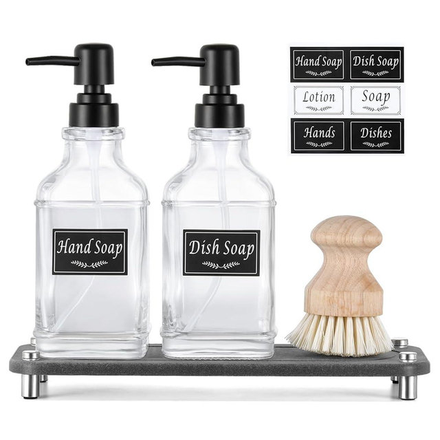 Shinowa Kitchen Soap Dispenser Set, Soap Dispenser for Kitchen Sink with Water Absorbing Stone Tray, 2 Pack 18OZ Thick Glass Hand and Dish Soap Dispenser with Pump, Stylish Bathroom Decor Accessories