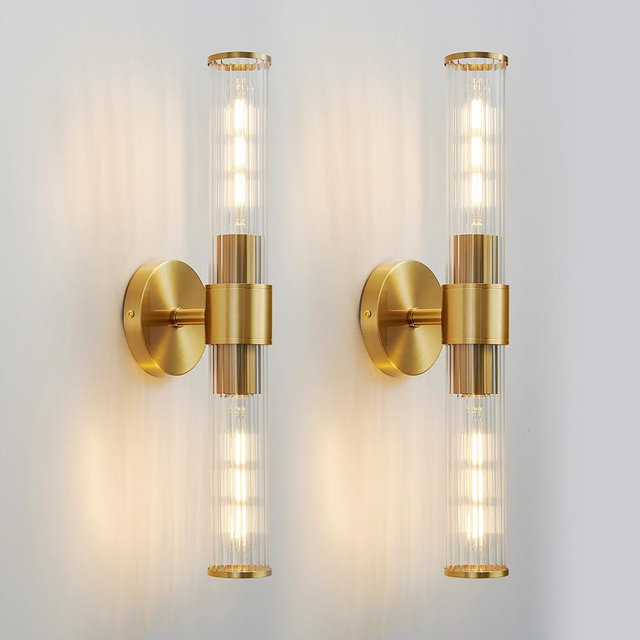 Vaziden Gold Bathroom Light Fixtures, 2 Light Vanity Lights for Mirror with Threaded Glass Shade, Up and Down Wall Sconces for Bathroom Bedroom Living Room Hallway 2 Pack