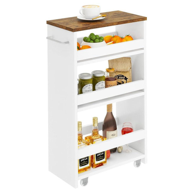 IBUYKE Slim Storage Cart, 4-Tier Skinny Rolling Cart, 7.9" Narrow Utility Trolley with Handle & Lockable Wheels,Thin Shelf for Kitchen, Laundry Room, Bathroom, Small Spaces,Space-Saving WST005W-L