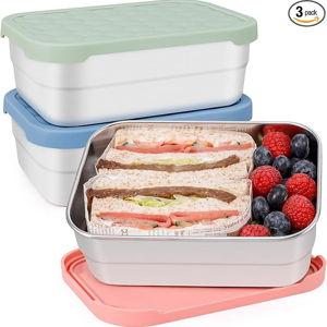 Caperci 25oz Stainless Steel Food Containers, 3-Pack Bento Lunch Box with Silicone Lids, Leak-Proof Reusable Meal Prep Container for Sandwiches & Snacks, BPA-Free (720ML)