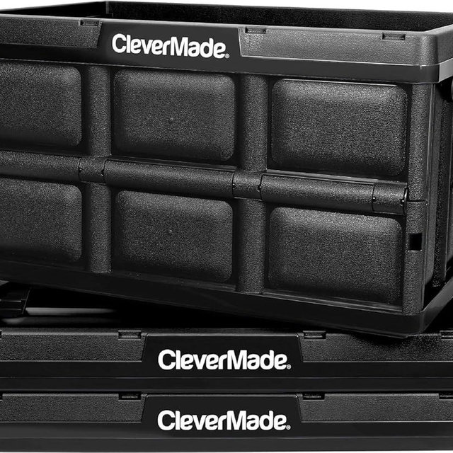 CleverMade Collapsible Storage Bins - Obsidian 3 Pack 62L - Stackable Containers Heavy Duty Capacity Folding Crates - Space-Saving for Home