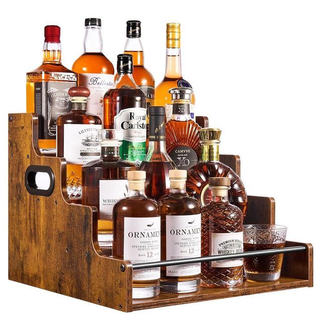 YQBRAO 4-Tier Liquor Bottle Display Shelf, Coffee Syrup Rack Organizer, Water Bottle Organizer, Mini Bar Cabinet, Rustic Bar Shelves for Liquor Whiskey, Spirits
