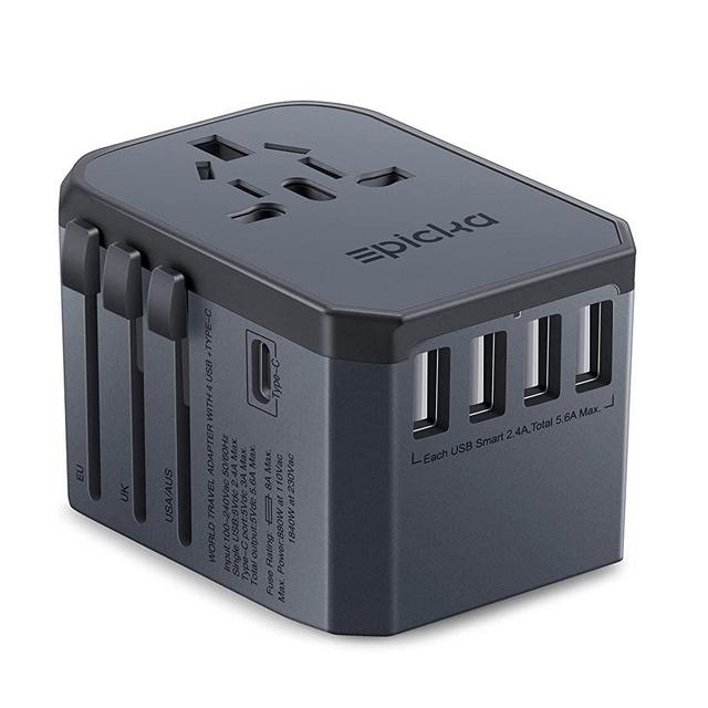 EPICKA Universal Travel Adapter One International Wall Charger AC Plug Adaptor with 5.6A Smart Power and 3.0A USB Type-C for USA EU UK AUS ( Space Gray )