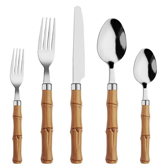 Plastic Handle Bamboo Flatware Set, HF HOFTEN Silverware Set, Include Fork Spoon Knife Utensils for Daily Use and Party, 20 Piece Stainless Steel Service for 4, Safe in Dishwasher