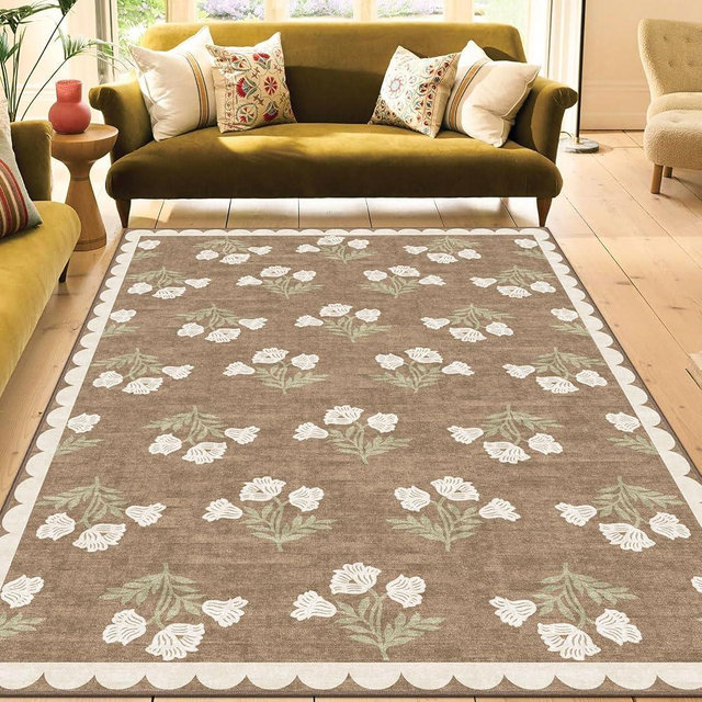 Othilic Boho Tan Living Room Rug 6x9 - Soft Washable Floral Neutral Farmhouse Scalloped Bedroom Area Rug Stain Resistant Dining Room Rugs for Under Table Non Slip Rugs for Bedroom Living Room Decor