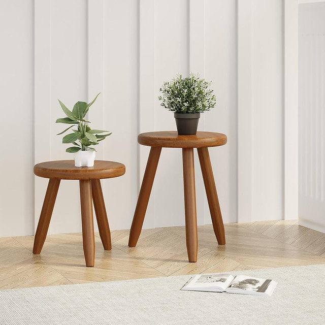 POCURBAN Solid Wood Plant Stand Set of 2, Small Round Side Table Stool for Living Room, Bedroom, Indoor Plants, Nordic Wooden Accent Table