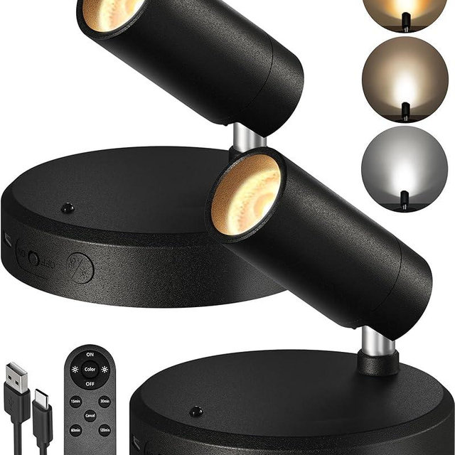 EZVALO Spotlights Indoor with Remote, 5500mAh Rechargeable Picture Lights, Wireless LED Uplighting with Timer＆Dimmable, 3CCT, Display Lights for Plant Painting, Artwork, Accent Lighting (2Pack-Black)