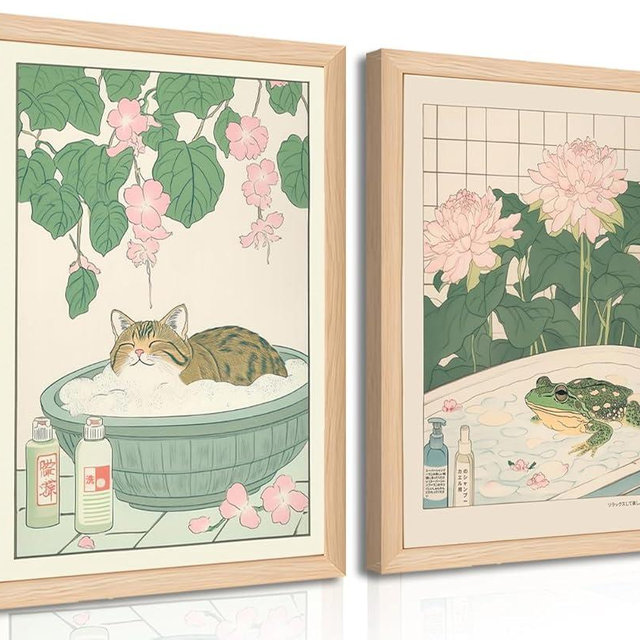 Set of 2 Japanese Bathroom Wall Art Framed Canvas with Cats & Frogs, Wooden Frame, Abstract Nature Poster Prints for Bathroom Decor, Minimalist Zen Painting Art for Home & Spa (12" W*16" H*2piece)