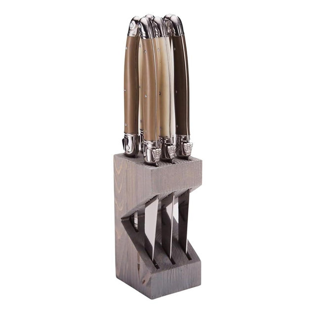 Jean Dubost Laguiole 6-Piece Steak Knife Set, Linen Handles - 1.2 mm Blades - Rust-Resistant Stainless Steel - Includes Wooden Block - Made in France