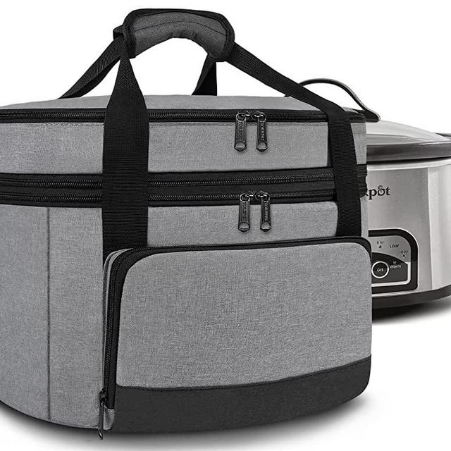 2 Layer Slow Cooker Carrier, Compatible with 6, 7, 8 Quart Crock-Pot, Insulated Large Slow Cooker Travel Bag with Bottom Pad Lid Fasten Straps, for Party, Family Gathering Potluck, Gift for Women