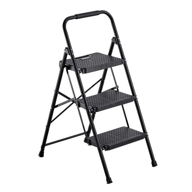 VEVOR 3 Step Ladder, Folding Step Stool with Wide Anti-Slip Pedal and Comfort Handgrip, Lightweight 600 lbs Capacity Portable Steel Ladder, Black