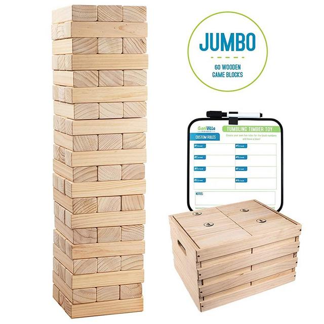 Giant Tumbling Timber Toy - 60 Jumbo Wooden Blocks Floor Game for Kids and Adults, w/ Storage Crate - Premium Pine Wood, Life Size- Grows to Over 5-feet While Playing