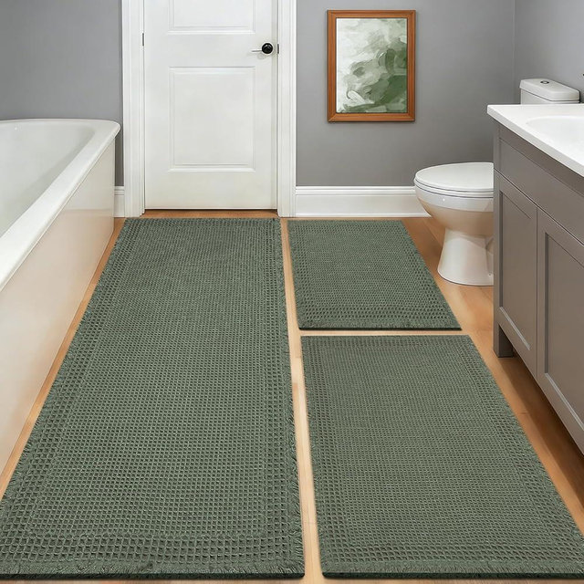 Waffle Bath Mat, Modern Woven Absorbent Non Slip Bathroom Rugs, Machine Washable Bath Rugs, Quick-Drying Bathroom Mats, Boho Tassel Style Suitable For Bathroom Floor, Green, 24"X17"+36"X24"+48"X24"
