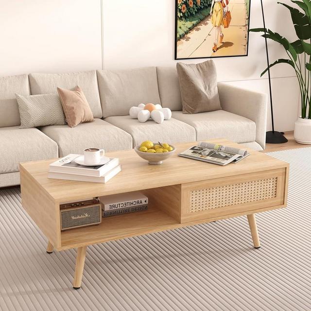 Modern Rattan Coffee Table with Sliding Door Storage, 41.3 Inch Small Wood Coffee Table with Solid Wood Legs, Boho Coffee Tables for Living Room