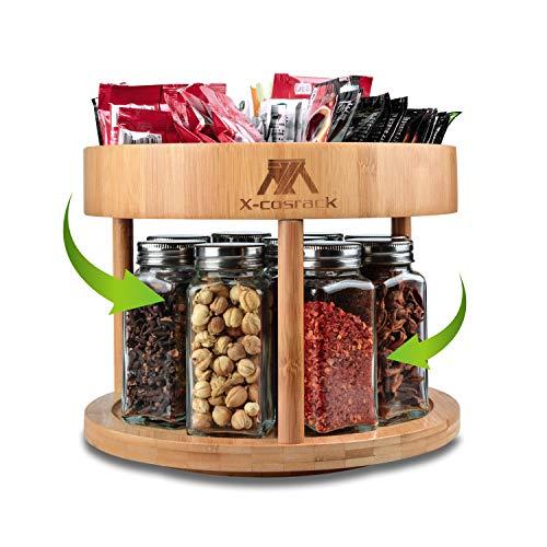 X-cosrack 2-tier Lazy Susan Divided Turntable 10inch Bamboo Spinning Spice Rack Holder Kitchen Cabinet Counter Top Organizer Storage Container Rotating Tray 6 DIY Partition Board 360 Degree