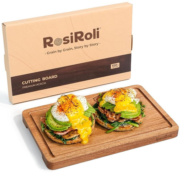 RosiRoli Small Acacia Wood Cutting Board for Kitchen - 11.5"x7" Compact Tablet-Sized Chopping Board, Mini Charcuterie, Steak & Brunch Serving Tray with Juice Grooves & Handles, Ideal Gift for Foodies