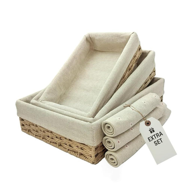 CT SUN Woven Storage Baskets for Shelves, 3-Piece Shallow Paper Rope Bins with 2 Sets of Liners (Cream & Daisy Print), Wicker Style Trays for Bathroom, Kitchen Counter, Bread & Nursery
