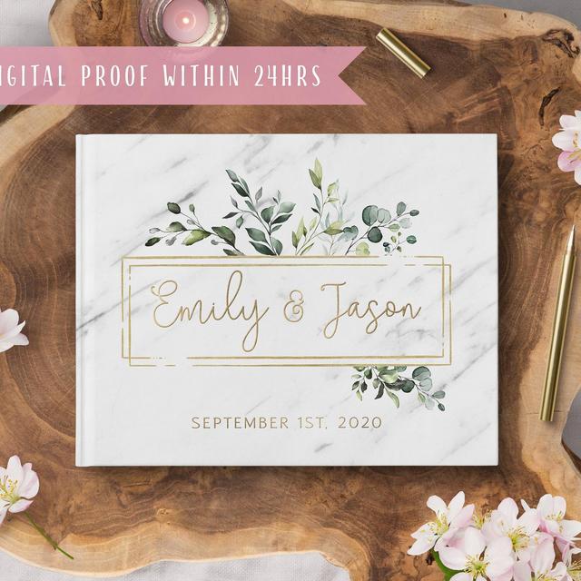 Greenery Wedding Guest Book, Real Gold...