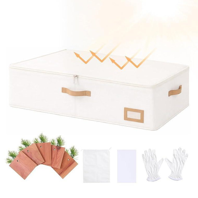 Coorganisers Wedding Dress Storage Box, Large Wedding Dress Preservation Box with 5 Cedar Wood Blocks, 30 Sheets of Acid-Free Tissue Paper, Microfiber Gloves, and Dust-Proof Bag-Beige Color