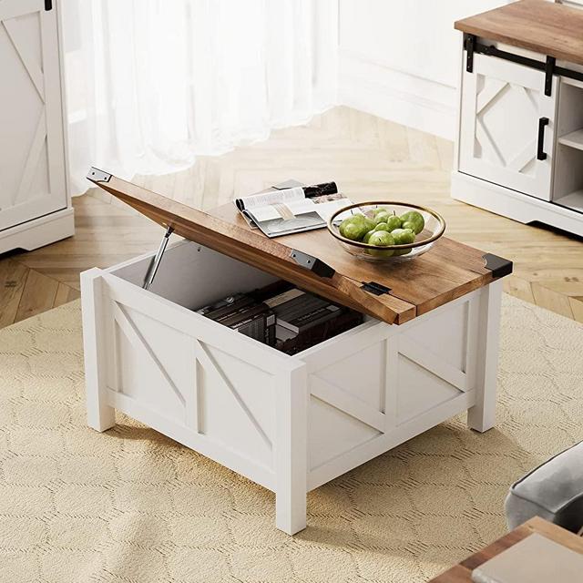 WAMPAT Modern Farmhouse Coffee Table, Square Wood Center Table with Gas Struts Lift-Top for Extra Large Hidden Storage, Metal Bracket Corner, Z-Shaped, White