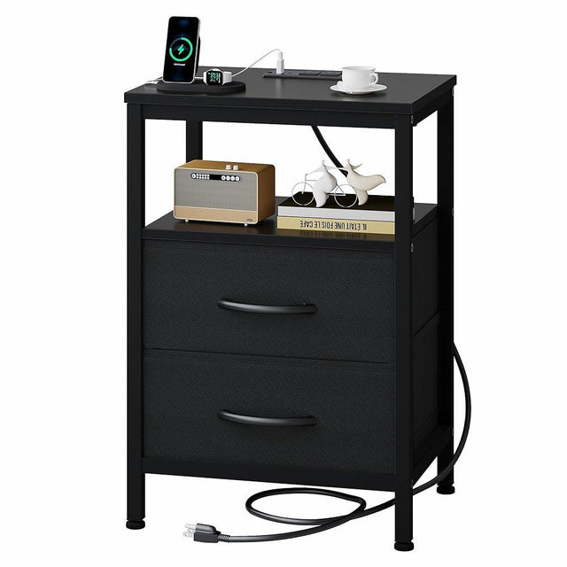 OLIXIS Nightstands Set of 2 with Charging Station, Bedside Table with USB Ports & Type-C, 2 Fabric Drawers Night Stand with Open Shelf, Compact End Table for Bedroom, Black