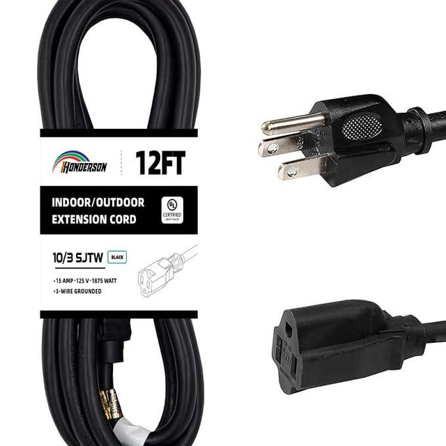 HONDERSON Indoor Outdoor Extension Cord Weatherproof, UL Listed, 10 Gauge 12FT Black 3 Prong Heavy Duty, 10/3 SJTW 15A Power Cord for Outdoor Lights, Appliances, Lawn