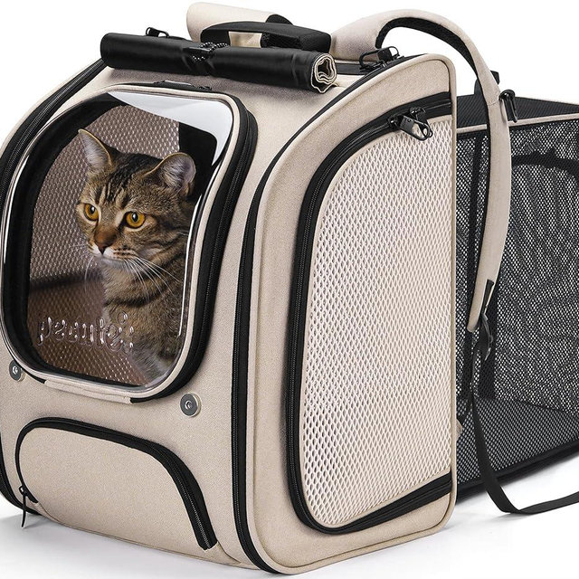 Pecute Cat Backpack Carrier Expandable, Large Space Cat Bubble Backpack, Breathable Cat Carrier, Shaded Dog Backpack Carrier for Travel, Hiking, Vet,12.6" L x 10.2" W x 16.5" H, Khaki