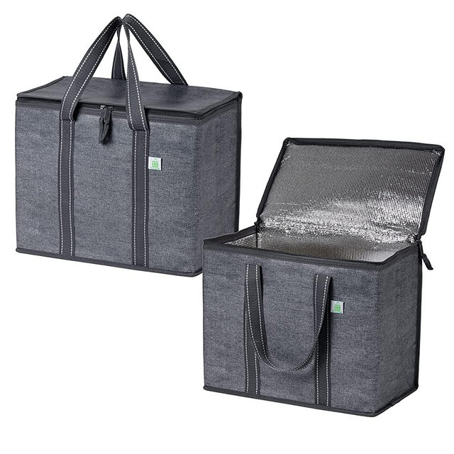 VENO 2 Pack Insulated Reusable Grocery Bag w/ Cardboard Bottom, Food Delivery, Heavy Duty, Large, Stands Upright, Collapsible (Gray)