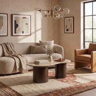 Hendrix Asymmetrical Oblong Marble & Mango Wood Pillar Coffee Table