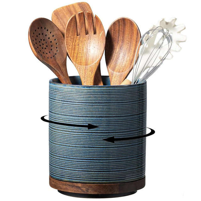 MIKIGEY Utensil Holder, 360° Rotating Extra Large Ceramic Kitchen Utensil Holder for Countertop, 7.3“ Cooking Utensil Crocks for Kitchen Counter with Rotatable Wooden Base, Farmhouse Decor, Dusty Blue