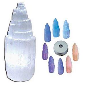 Selenite Natural Mini Lamps Small Skyscraper Gemstone Crystal Change Color Base Use Batteries, JIC Gem (1 Set of 4")