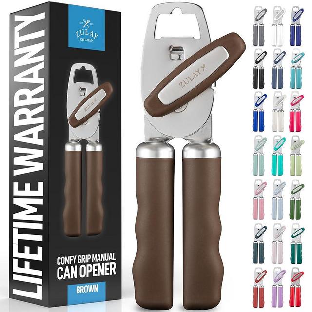 Zulay Kitchen Heavy Duty Stainless Steel Can Opener Manual with Bottle Opener - Rust Proof Manual Can Opener With Turn Knob & Comfy Soft Grip Handles - Brown