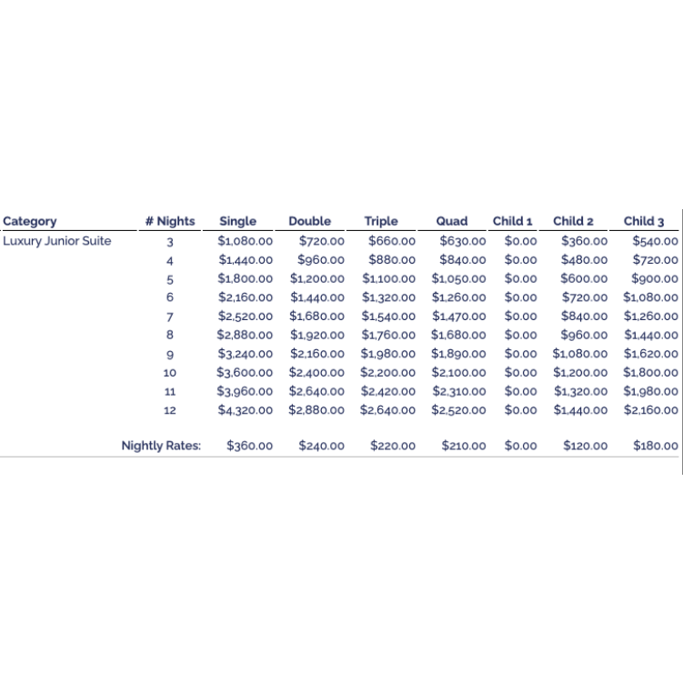 Luxury Jr Suite Pricing