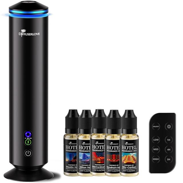 Diffuserlove Full Metal Body Waterless Scent Diffuser with 5 Hotel Scent Oils Hotel Collection Diffuser Waterless Aromatherapy Essential Oil Diffuser UP to 2000 Sq Ft Coverage for Home Office
