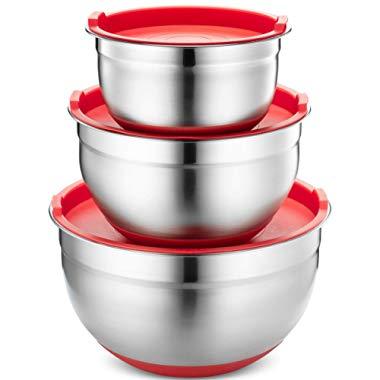 Klee 6-Piece Stainless Steel Non Slip Mixing Bowls with Silicone Base and Airtight Lids, Set of 3 (Red)