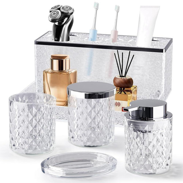 Glass Bathroom Accessories Set 5PCS, Clear Foaming Soap Dispenser, Soap Dish, Cup, Crystal Qtip Jar, Acrylic Toothbrush Holder with Tray Organizer, Bathroom Counter Set Sink Decor Vintage Gift