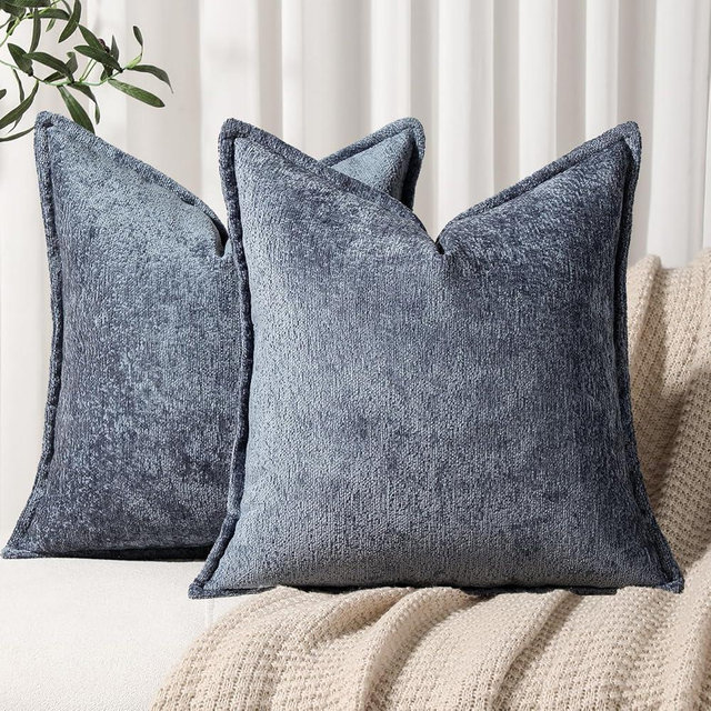 DEZENE Pack of 2 Navy Decorative Throw Pillow Covers 22x22 Cozy Soft Chenille Accent Vintage Square Couch Pillow Covers for Home Decor Bed Sofa Living Room