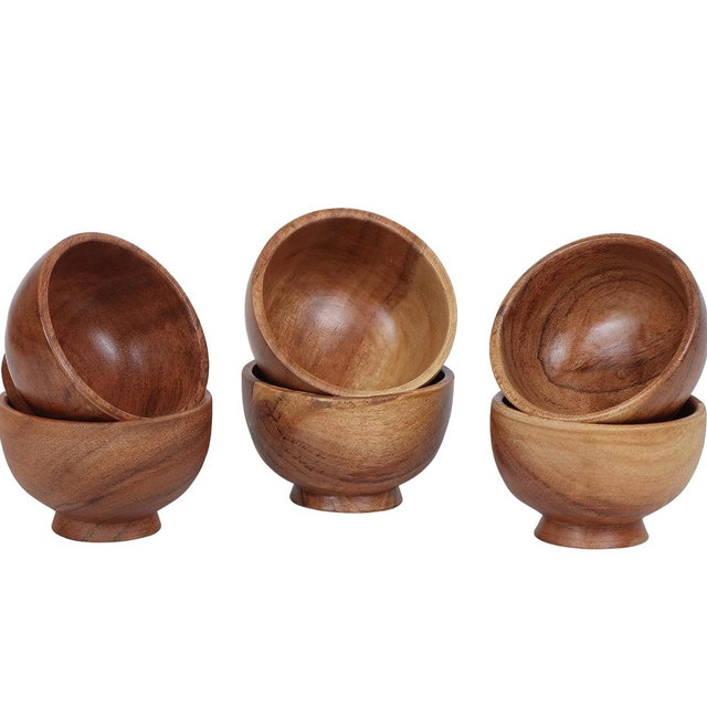 Set of 6 Acacia wood small bowls, 4 fl oz 3.25 * 2 inches | Hand carved wooden Kitchen Mini Cups for dipping sauce, salsa, Prep, salt & Condiments | Charcuterie board accessories