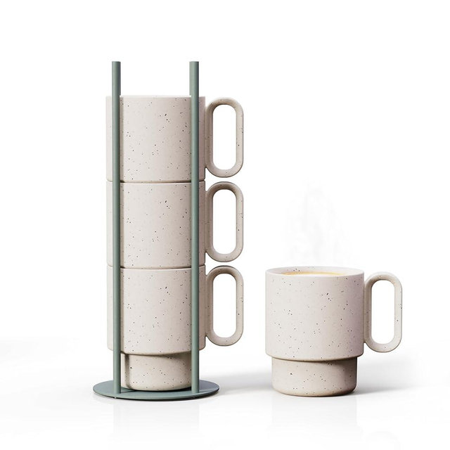 Libken Stackable Coffee Mugs with Green Stand Rack 4x10oz Ceramic Mugs with Unique Sprinkled Optics - Powder Coated Metal Rack for Space Saving Storage - Dishwasher-Safe - Microwave & Oven Use