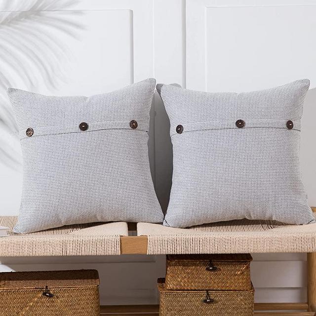 Anickal Light Grey Pillow Covers 18x18 Inch with Triple Buttons Set of 2 Chenille Rustic Farmhouse Decorative Throw Pillow Covers Square Cushion Case for Home Sofa Couch Decoration