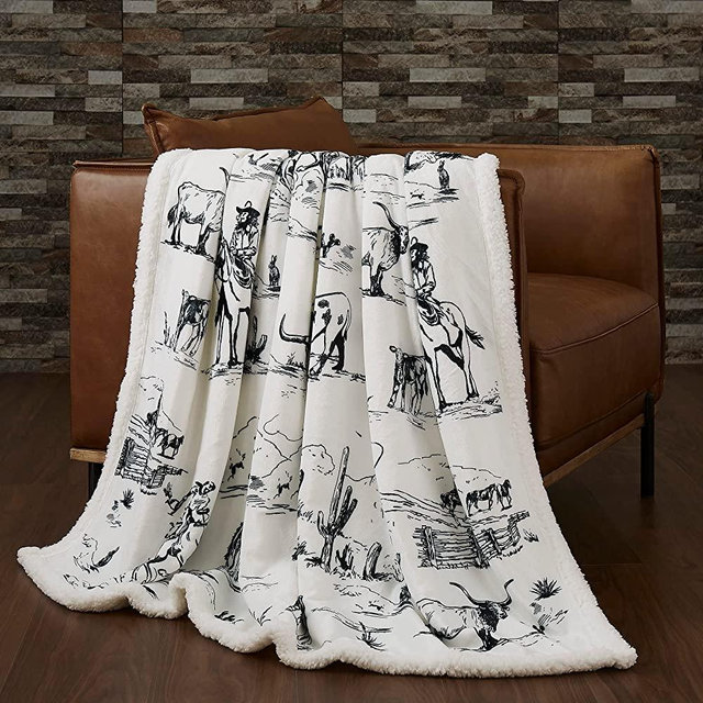 Indigo Hill by HiEnd Accents | Ranch Life Sherpa Throw Blankets, White Black Cowboy Cow Longhorn Horse Print Western Blanket for Camping Outdoor, Sherpa Fleece Blanket for Couch, Sofa, Bed, 54x68 inch