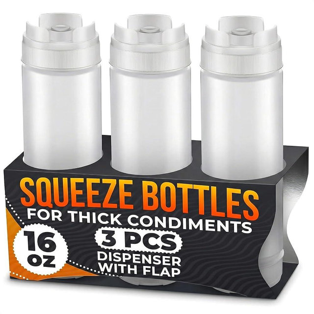 Set of 3 Inverted Condiment Squeeze Bottles 16 oz – Upgraded Design with Added Sealing Gaskets, Self-Closing Valve, Easy-to-Fill Clear Bottles for Sauces, Dressings, Ketchup, Mustard for Everyday Use