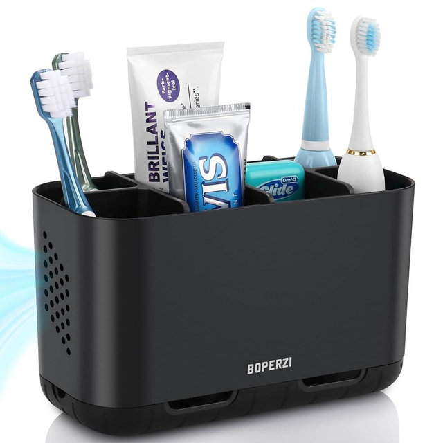 Boperzi Toothbrush Holders for Bathrooms Organizers and Storage, Large Tooth Brush Holders with Drainage, Anti-Slip Electric Toothbrush and Toothpaste Holders Caddy for Shower Kids Family, Black