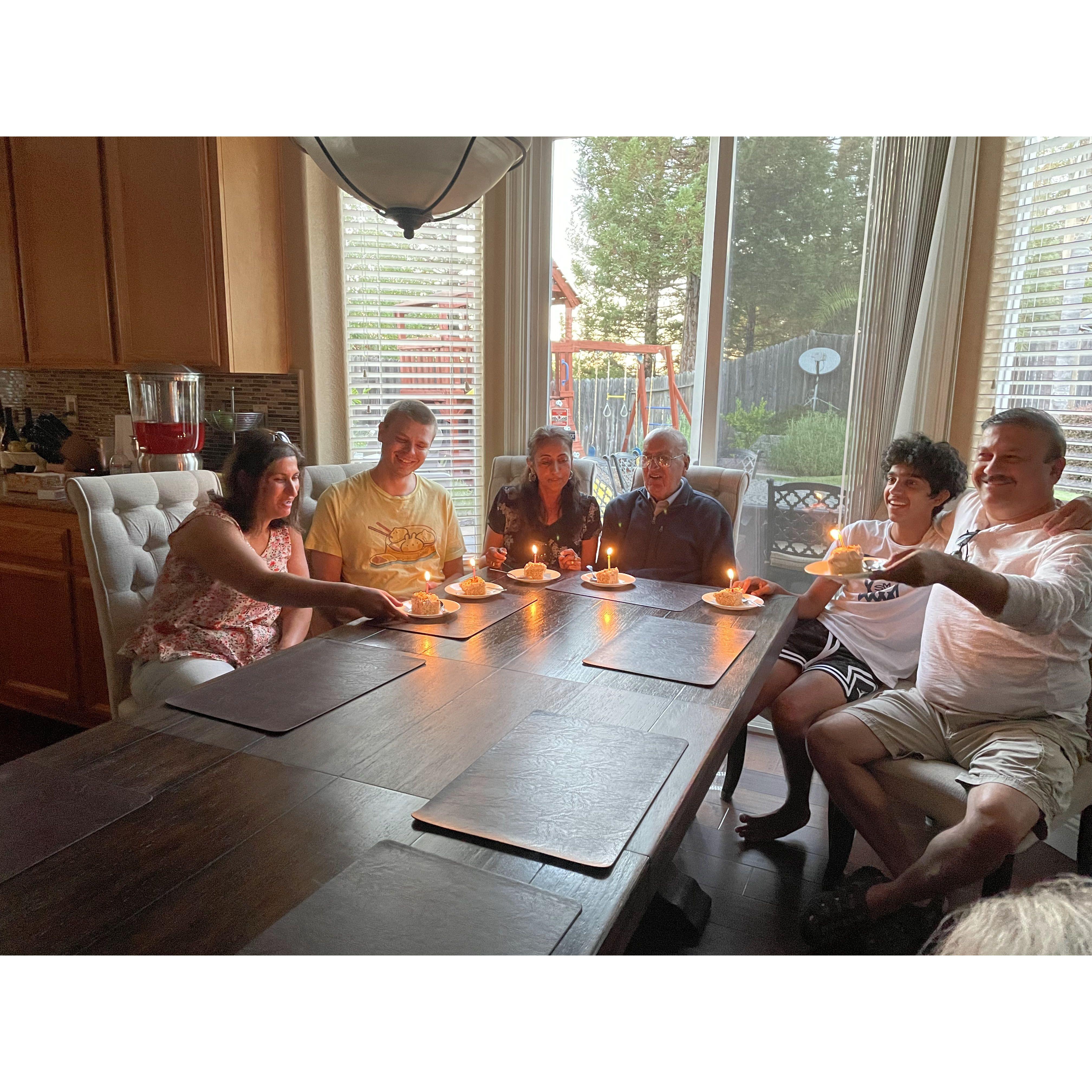 July birthdays with Kiran's family. Center- Mandy (paternal aunt), Harbans (late paternal grandpa). Ends- Jasspreet and Amrit (Jason's parent-in-laws). Between- Chris, and Arjun (brother).