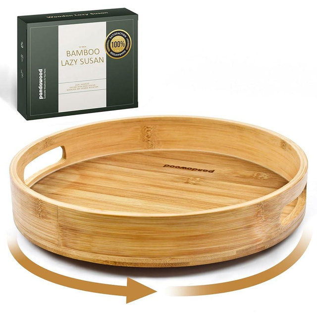 Bamboo Lazy Susan for Table Top 12 Inch - Turntable Organizer for Kitchen Countertop, Dining Table, Cabinet - Decorative Rotating Tray Centerpiece - Large Round Lazy Susans Organizer