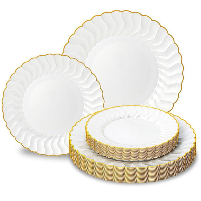 Lullaby 60PCS Pearl White Scalloped Plastic Plates with Gold Rim, Disposable Elegant Plates Include 30pcs Dinner Plate 10.25", 30pcs Dessert Plate 7.5", Perfect for Daily Use, Wedding and Party