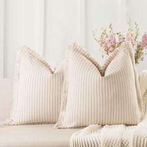 ZWJD Khaki Throw Pillow Covers 18x18 Set of 2 Striped Pillow Covers with Fringe Chic Cotton Decorative Pillows Square Cushion Covers for Sofa Couch Bed Living Room Farmhouse Decor