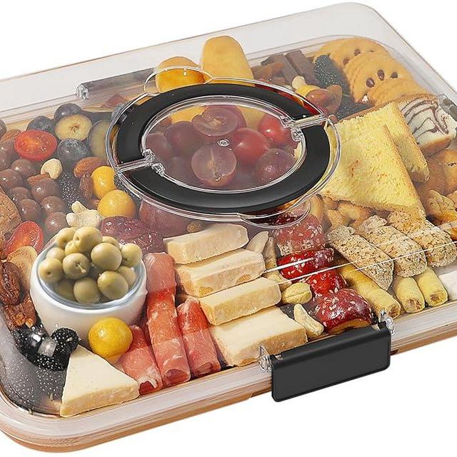 Renmxj Charcuterie Board with Clear Lid, Travel Portable Cheese Board Charcuterie Boxes Cutting Boards for Kitchen, House Warming Gifts New Home, Gifts for Women (6 Compartments Black)